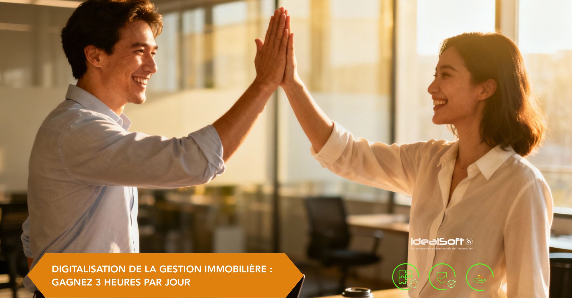 Deux professionnels souriants se félicitent d’un high-five dans un bureau moderne, symbolisant la réussite et le gain de temps apportés par la digitalisation de la gestion immobilière.