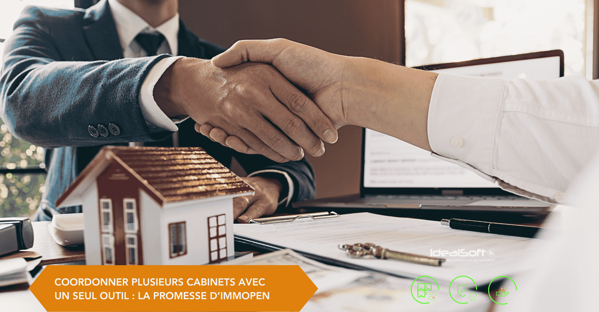 Deux mains se serrant la main symbolisant la promesse d’un logiciel multi-cabinets immobilier pour coordonner plusieurs cabinets avec un seul outil.